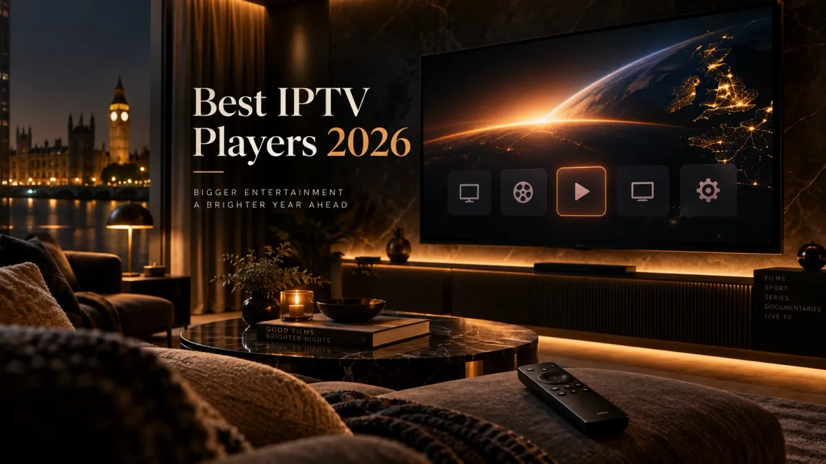 Premium London living room with a smart TV showing IPTV player controls for a 2026 UK player comparison