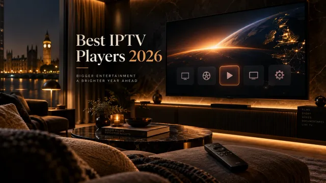 Premium London living room with a smart TV showing IPTV player controls for a 2026 UK player comparison