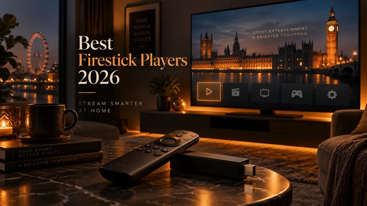 Fire TV Stick and remote in a dark London living room for a 2026 UK IPTV player comparison