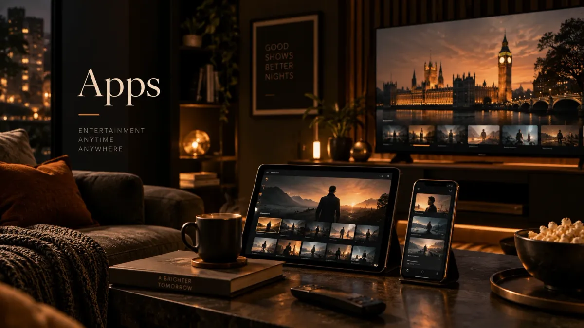 Smart TV, tablet and phone showing streaming interfaces in a dark UK living room for an IPTV apps and players guide