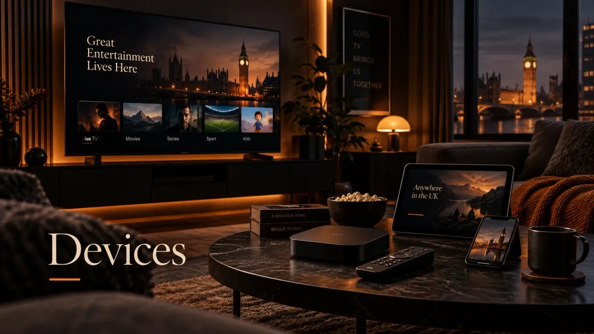 Three IPTV streaming boxes and a remote on a coffee table in a premium dark living room