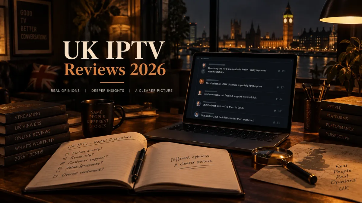 Laptop displaying IPTV review discussions beside research notes in a dark London workspace for a 2026 UK review guide