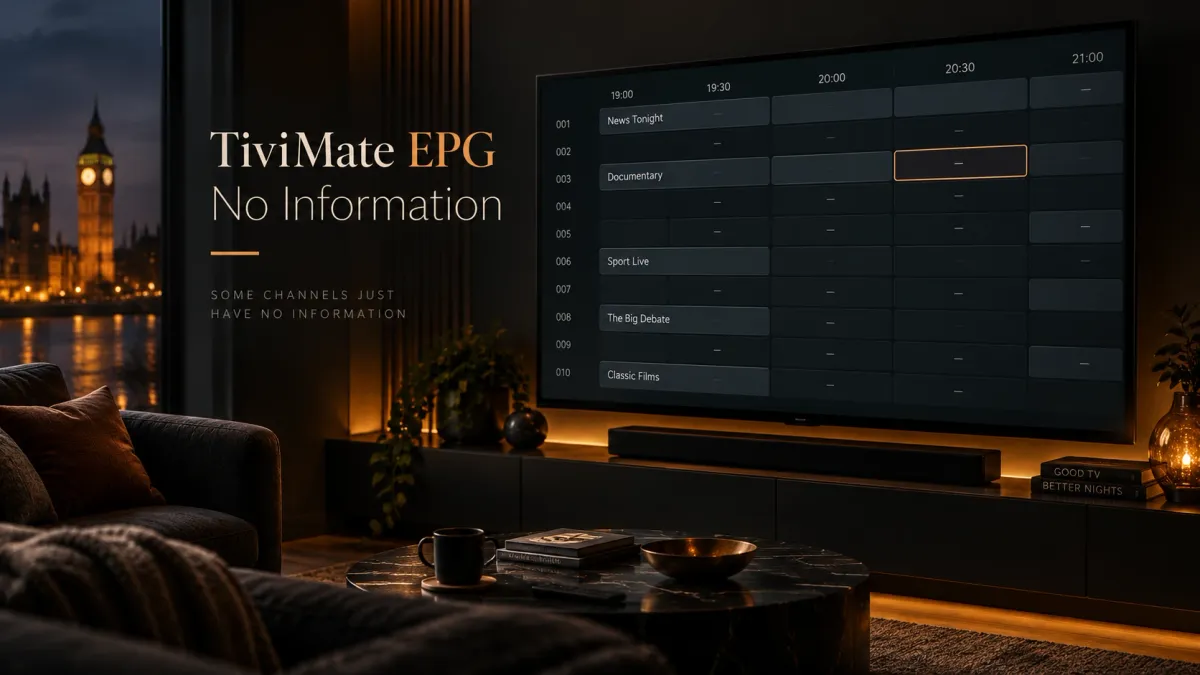 TV showing a TiviMate EPG with missing programme information in a dark London living room