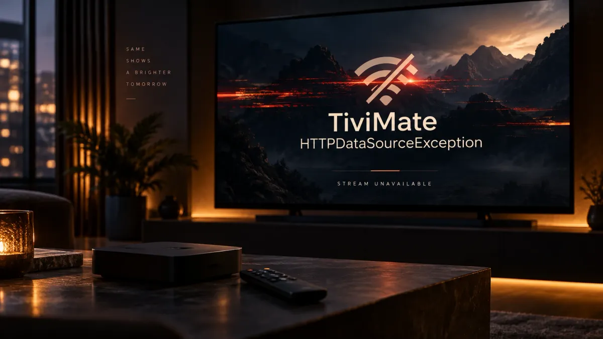 TV showing a TiviMate HTTPDataSourceException streaming error in a dark living room