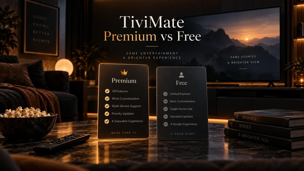 Premium and free feature cards in front of a TV in a dark living room for a TiviMate comparison