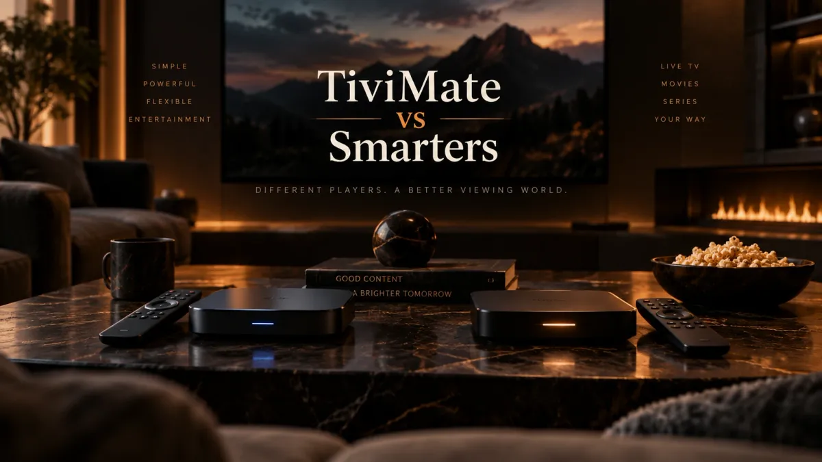 Two streaming boxes in a premium living room representing a TiviMate and IPTV Smarters Pro comparison