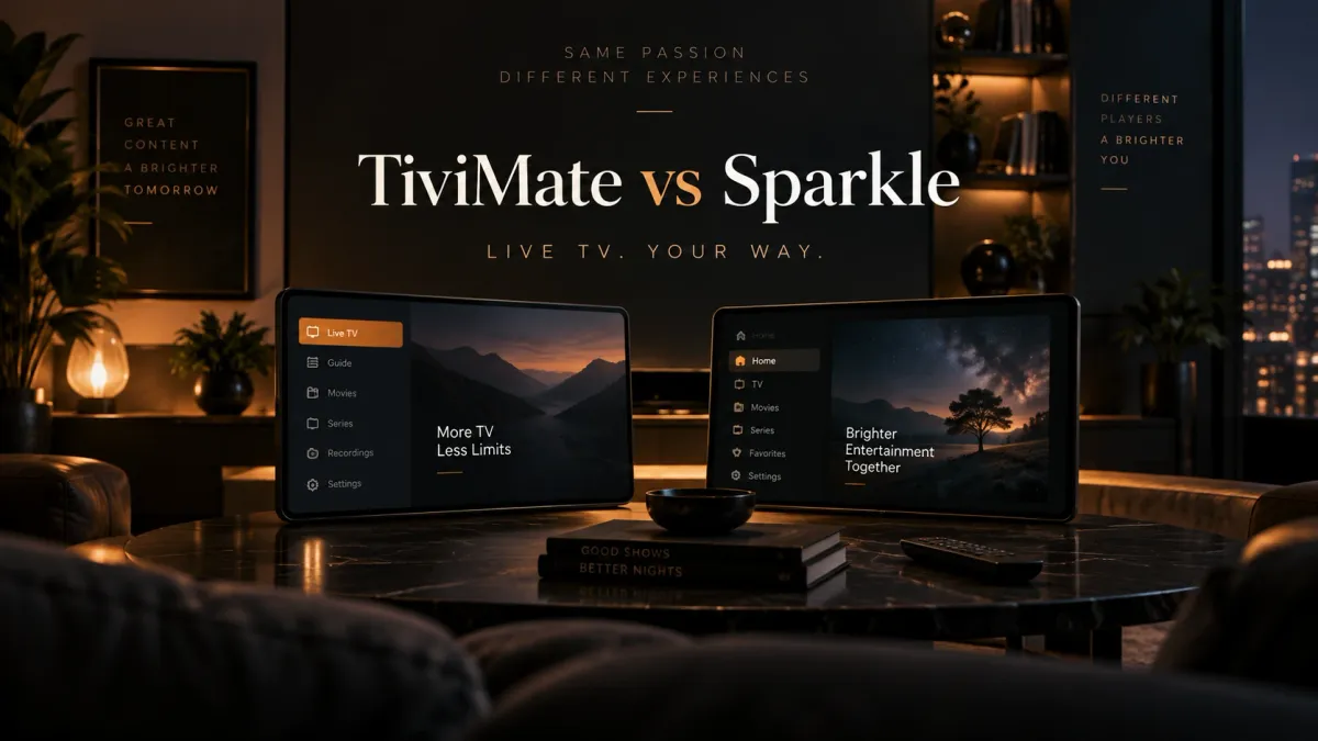 Two screens with different IPTV player interfaces in a dark living room for a TiviMate vs Sparkle TV comparison
